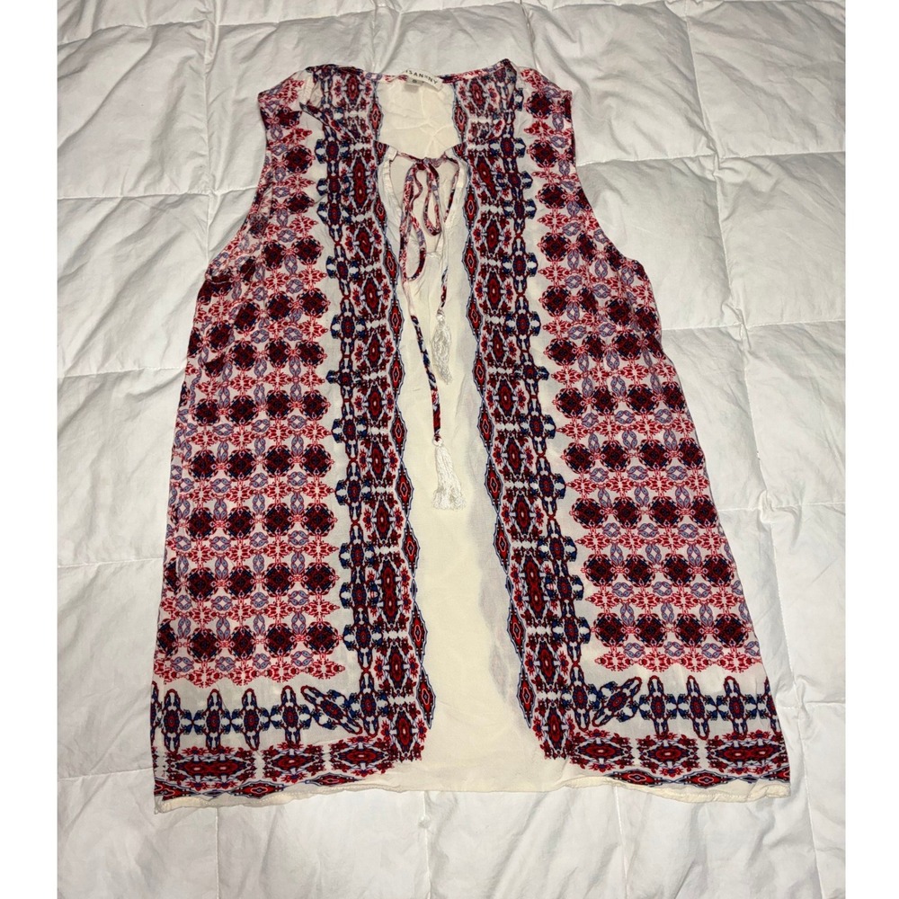 Artisan NY Womens Small Red White Blue Geometric Tassel Tie Front Vest Layering